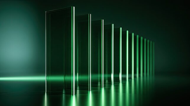 Geometric glass panes with green neon glow, receding into darkness