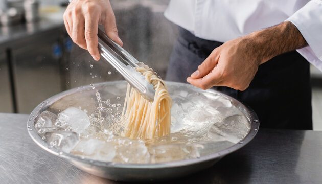 Chef Cooling Fresh Cooked Pasta in Ice Water Bath for Perfect Texture and Professional Food Preparation