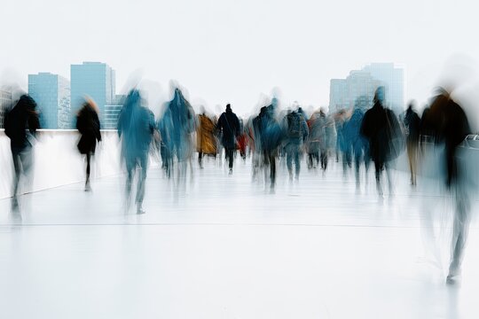 Blurry figures move across a bright, wide walkway with buildings in background