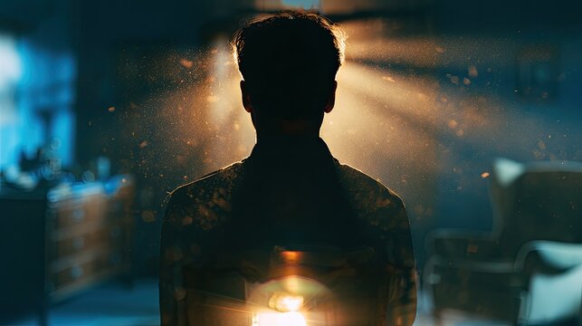 Silhouette of a person bathed in warm, golden light with visible dust motes
