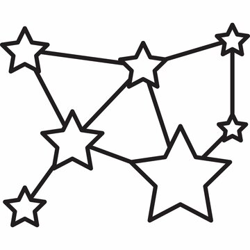 Simple minimalist black line art vector illustration featuring interconnected stars forming a constellation pattern on a clean white background, evoking themes of astronomy, space, and connections.