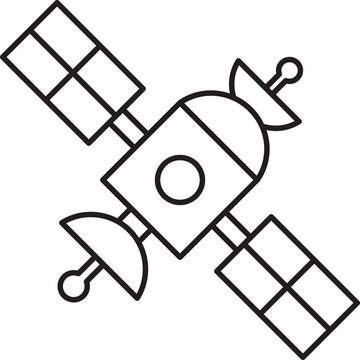 A clean black and white line art vector graphic of a space satellite. Minimalist composition featuring solar panels and parabolic antennas set against a plain white background.