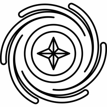 A minimalist black line art vector icon depicting a swirling spiral galaxy or cosmic vortex with a central four-pointed star on a plain white background.