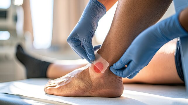Hands in gloves apply patch to reddened ankle blister