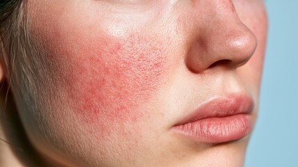 Fototapeta premium Close-up of a person's cheek with visible redness and small bumps
