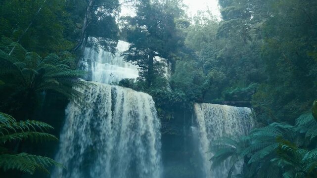 Tropical rainforest waterfall cascading over rocks, lush jungle landscape with green fern trees, majestic tiered waterfall in dense exotic forest