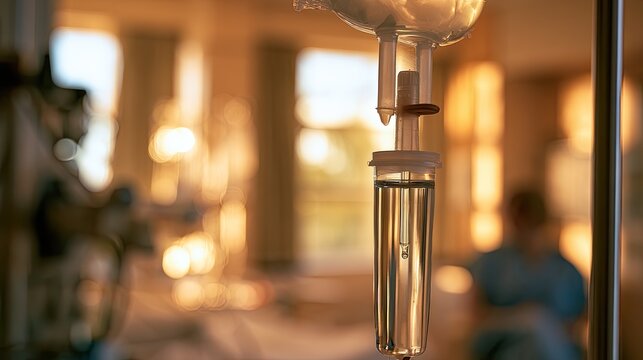 Close-up of an IV drip bag, with a softly blurred hospital room in the background