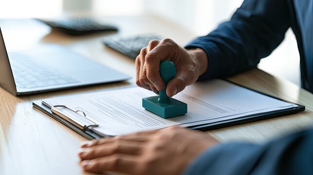 Person stamping official document on desk with laptop and calculator