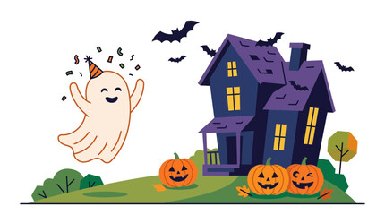 Fototapeta premium Ghost wearing a party hat throws colorful confetti in front of a dark haunted house and pumpkins.