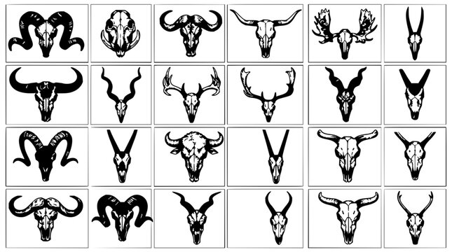 Animal skulls and horns grid featuring deer, ram, bull, and goat with vintage texture and monochrome palette