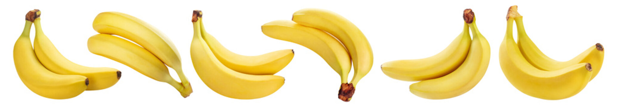 Set of six ripe banana pairs shown from different angles, isolated on transparent cutout background