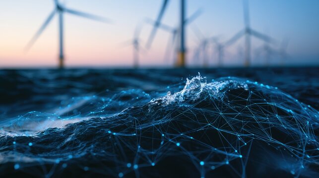 Oceanic network overlays a turbulent sea, wind turbines in hazy distance