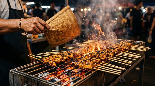 Street food chef fanning burning charcoal while grilling chicken satay skewers, depicting authentic Asian street food preparation