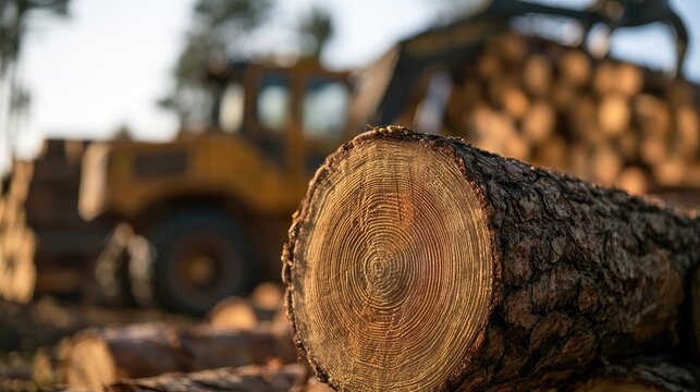 Close-up of a freshly cut tree trunk with a logging machine and stack of wood in background