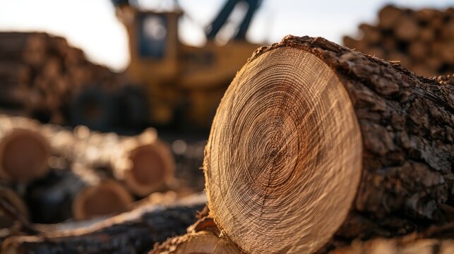 Close-up of a freshly cut log's rings, industrial machinery in background