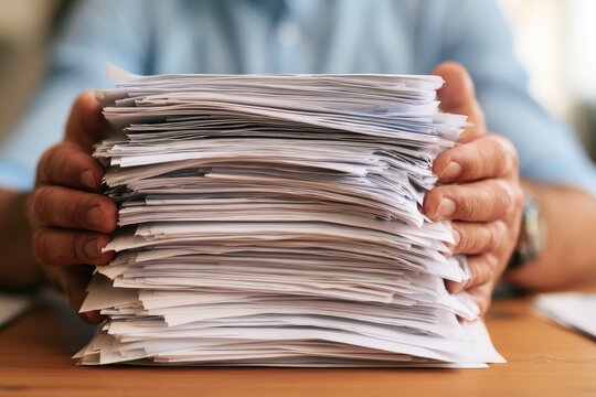 Hands cradle a towering stack of white papers on a wooden desk