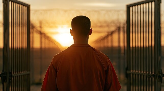 Individual in orange, silhouetted against sunset, walks through open prison gates