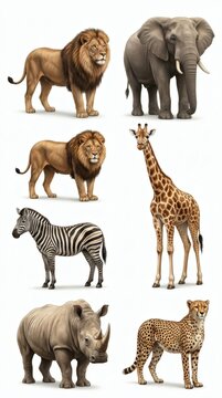 Wild African animals stand isolated on a plain white background.