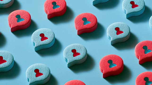 Rows of repeating speech bubbles with human icons in red and blue