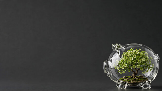 Green savings for a sustainable future A vibrant tree thrives within a clear glass piggy bank, symbolizing environmental investment and financial growth