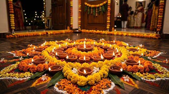 Traditional diwali diya lamps arranged with marigold flowers