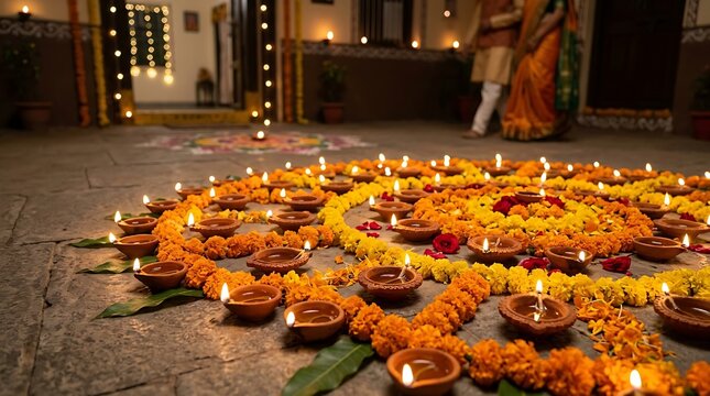 Traditional diwali diya lamps arranged with marigold flowers
