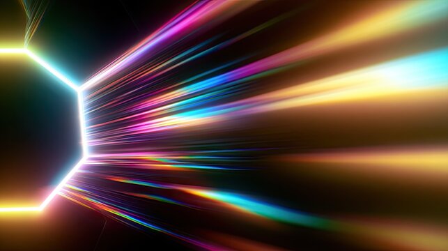 Vibrant, glowing light streaks emanate from a hexagonal frame, creating a futuristic tunnel effect