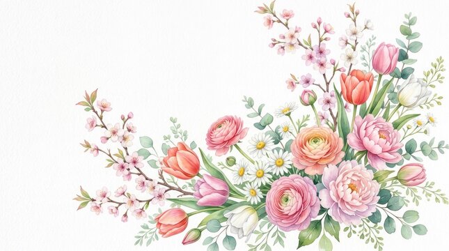 A watercolor painting of a vibrant flower arrangement with pink and orange flowers, green leaves, and white flowers in the background.