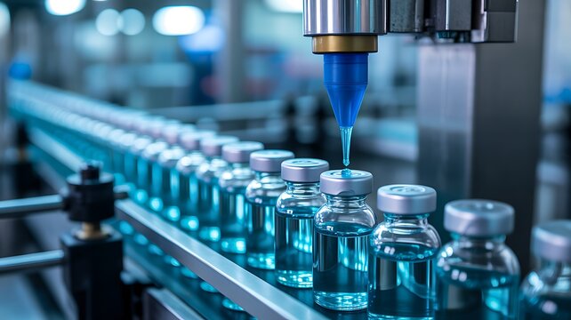 Automated pharmaceutical production line filling glass vials with liquid medicine in sterile factory environment 