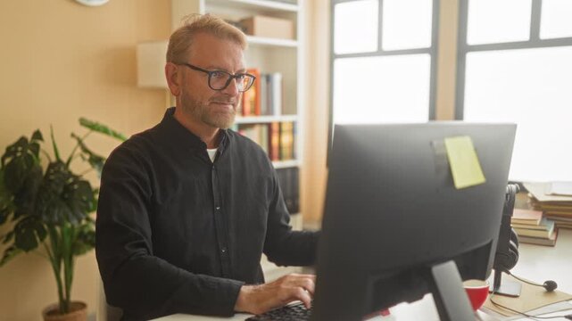 Man smiling while typing at computer and holding a sheet with one hand in office near bookshelf and plant; remote work contentment.
