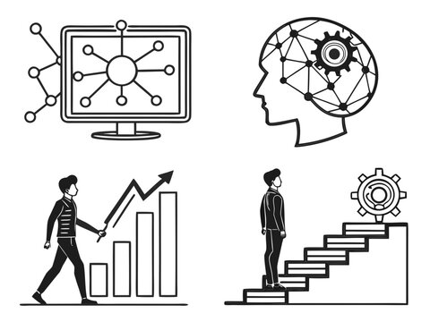 a futuristic strategy dashboard, AI brain connected to business processes, innovation staircase reaching a digital future symbol, and a 