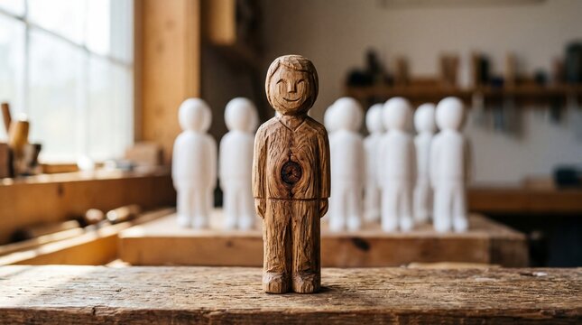 Wooden figurine standing out from white figures in workshop symbolizing individuality and uniqueness concept