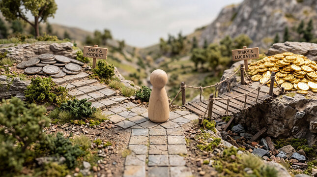 Wooden figure at crossroads choosing between safe modest path and risky lucrative path with coins