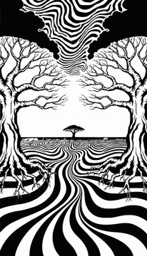 Surreal Organic Landscape with Stylized Trees and Distorted Ground