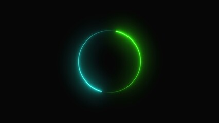 Glowing neon circle frame with a gradient transition from bright green to cool cyan blue light effect isolated on a dark black background for modern digital graphic design elements © Mursalin