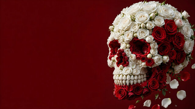 Floral skull arrangement featuring red and white roses on a dark crimson background representing life and mortality