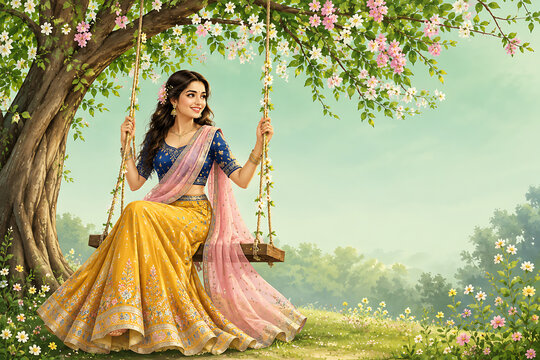 Happy hariyali teej woman in yellow lehenga enjoying floral tree swing beside blooming meadow during joyful kajari teej celebration with copy space