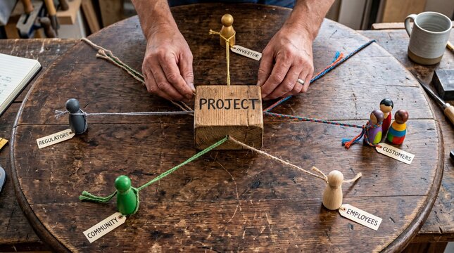 Project stakeholder management concept with wooden block labeled project connected to investor customers employees community and regulators by strings on rustic table