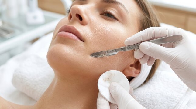 Dermaplaning procedure for deep facial exfoliation and hair removal.