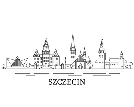 Black line art shows Szczecin's skyline