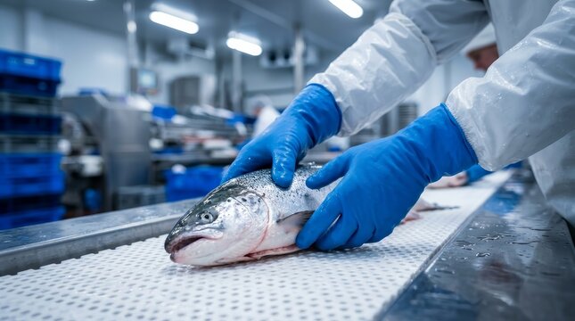 Industrial fish processing facility with a worker sorting fresh seafood on a conveyor belt.