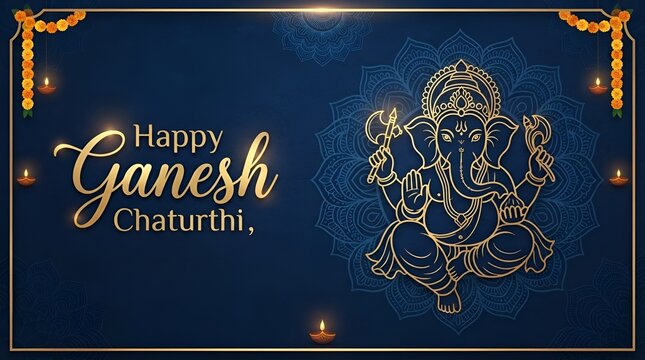 premium golden ganesh chaturthi celebration banner in blue background