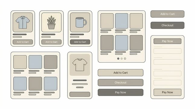 E-commerce website UI kit features product cards, buttons, and checkout form layouts on a plain background.