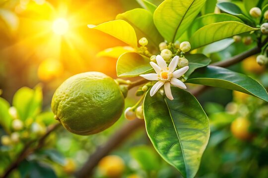 Green lemon fruit hanging on a tree branch with white blossoms and sun flare citrus