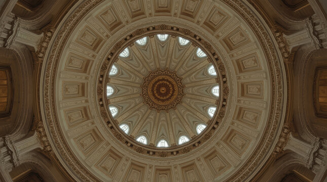 Domed ceiling radial symmetry ornate plasterwork classical architecture serene light
