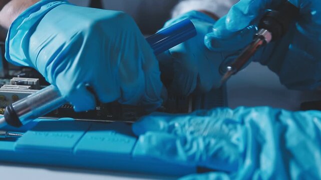 Closeup of a gloved hand installing a microchip on a blue motherboard. Perfect for concepts of AI development, hardware engineering, and IT infrastructure assembly in a digital world.