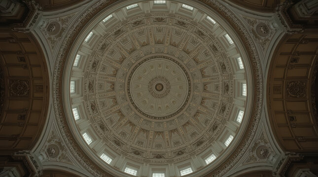 Ornate domed ceiling radial symmetry cinematic realism softly lit