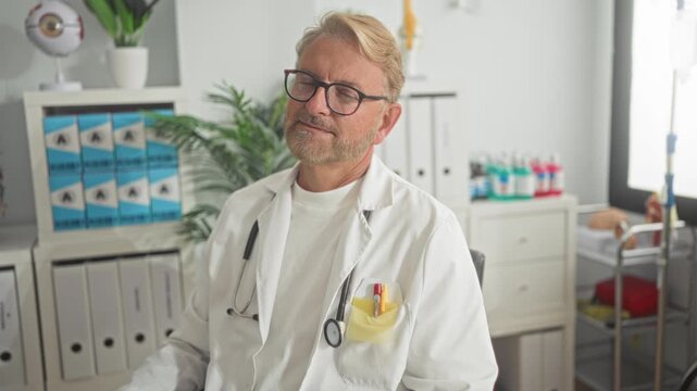 Man doctor with stethoscope and glasses smiles, tilting head slightly, seated with pen and pocket tools in white coat in medical building; calm trust.