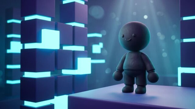 セキュアな生成AIコード制御室で落ち込んだ状態から立ち直り笑顔を見せるクレイ粘土の人型マスコットの3Dアニメーション