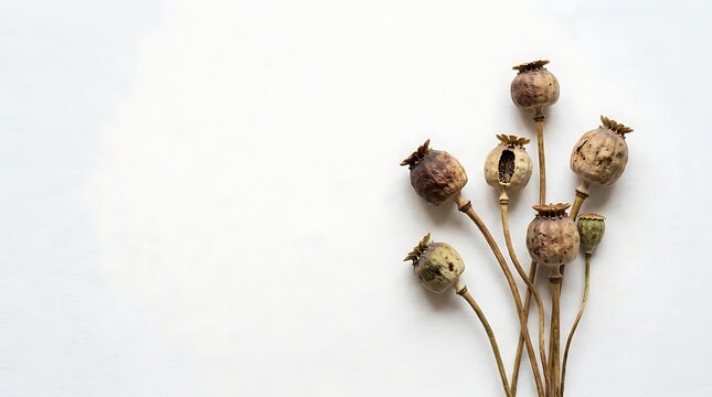 Dried poppy seed pods arranged on a clean white background